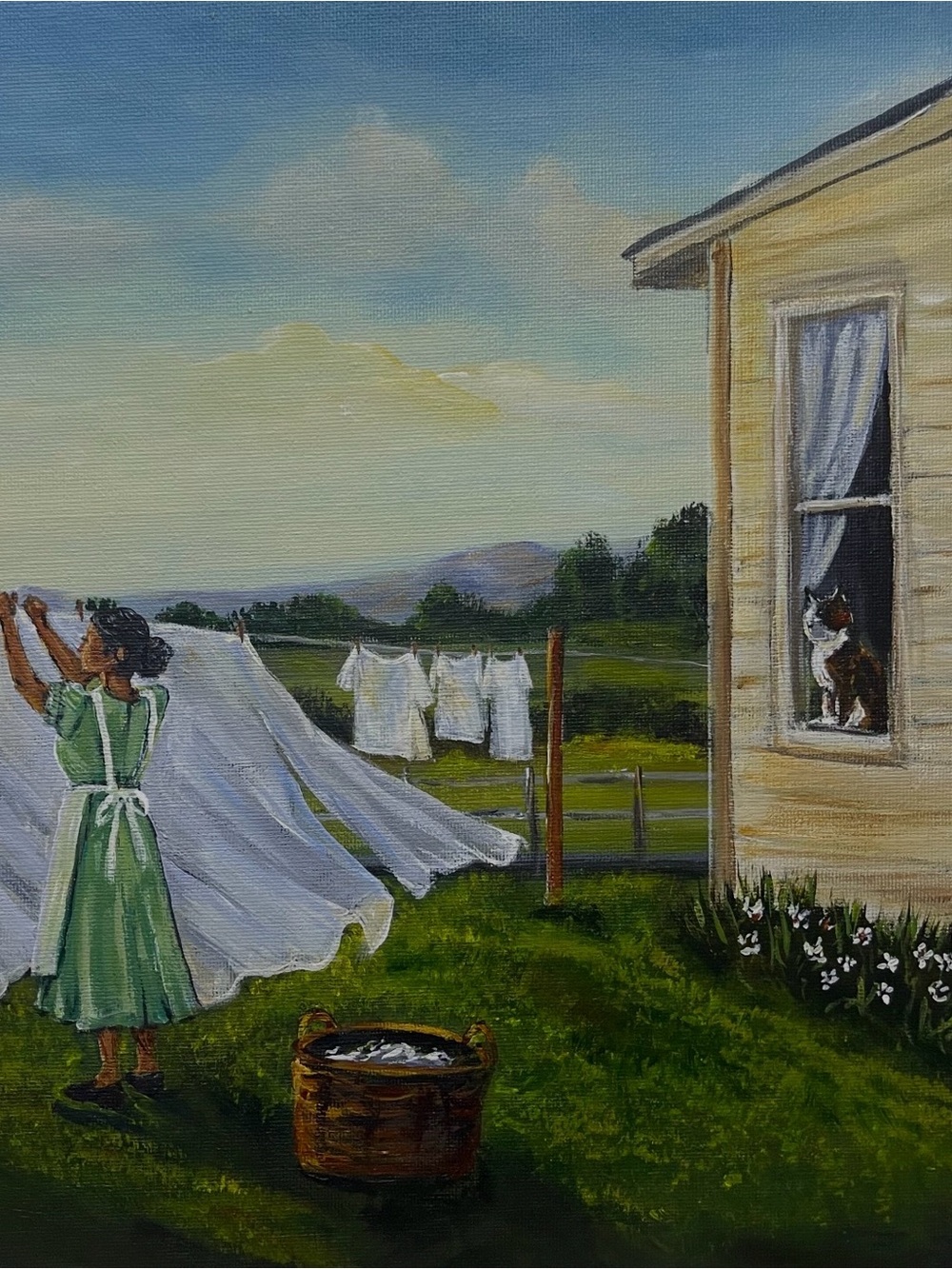 Woman Hanging Laundry Acrylic Painting - Green Dress